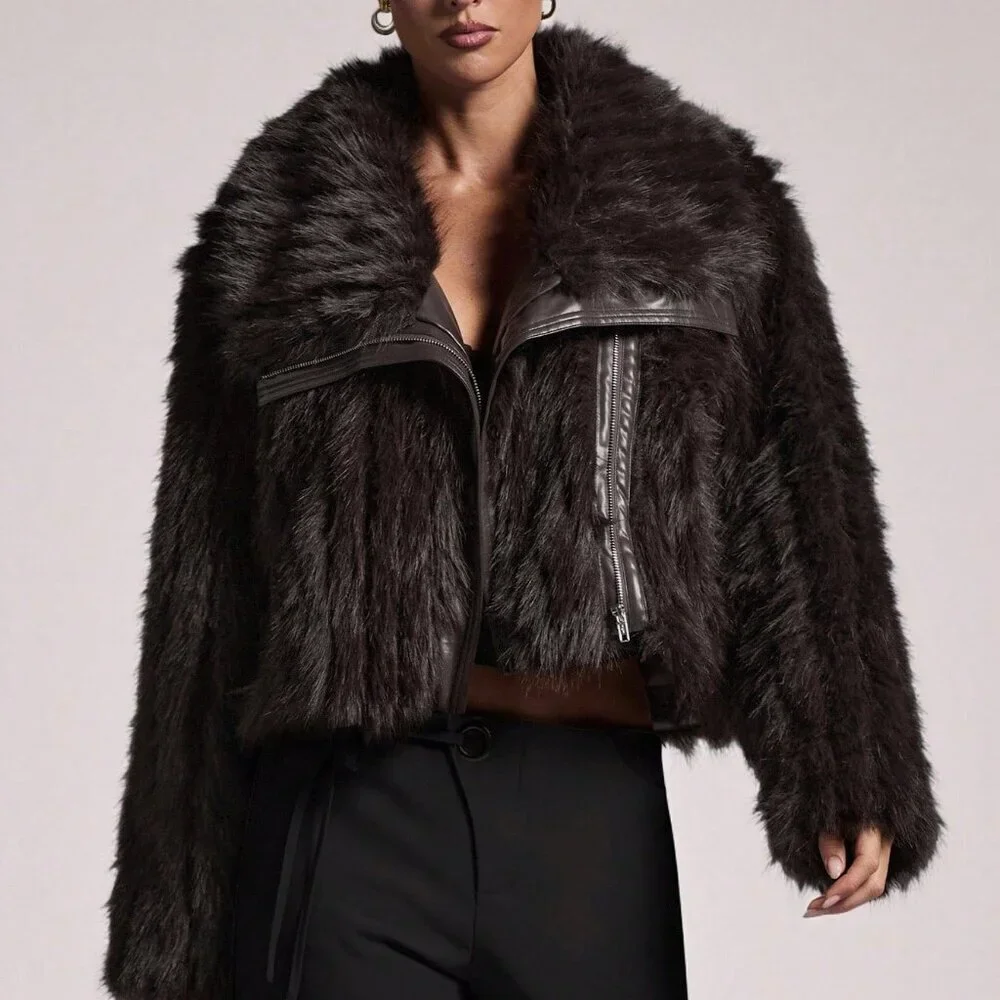 Brown Elegant Women's Oversized Patchwork Faux Fur Coat jacket - Picture 8 of 9